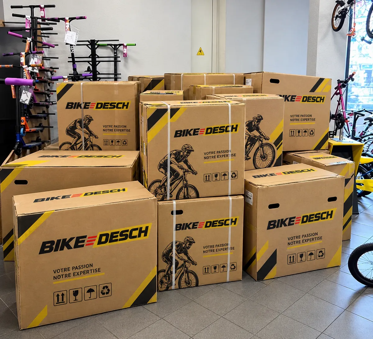 Arrivage de vélos neufs Bike Desch : cartons empilés en magasin